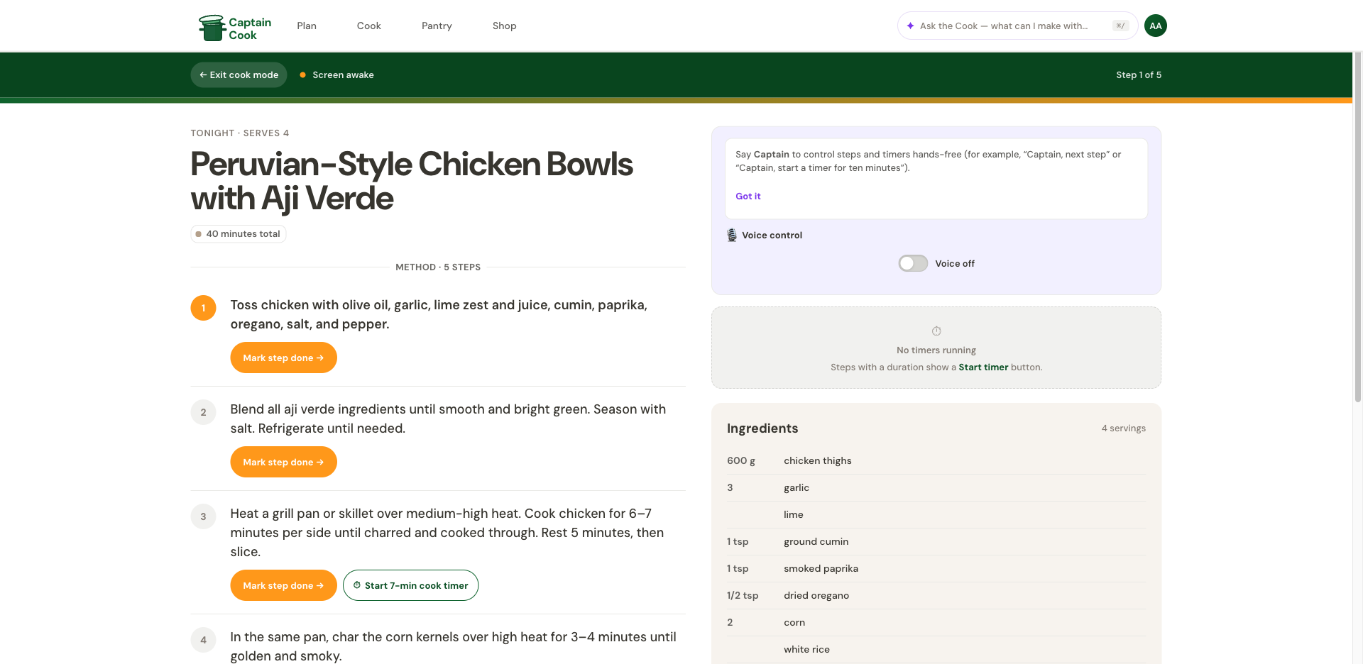 Cook Mode — step-by-step execution with voice control and timers