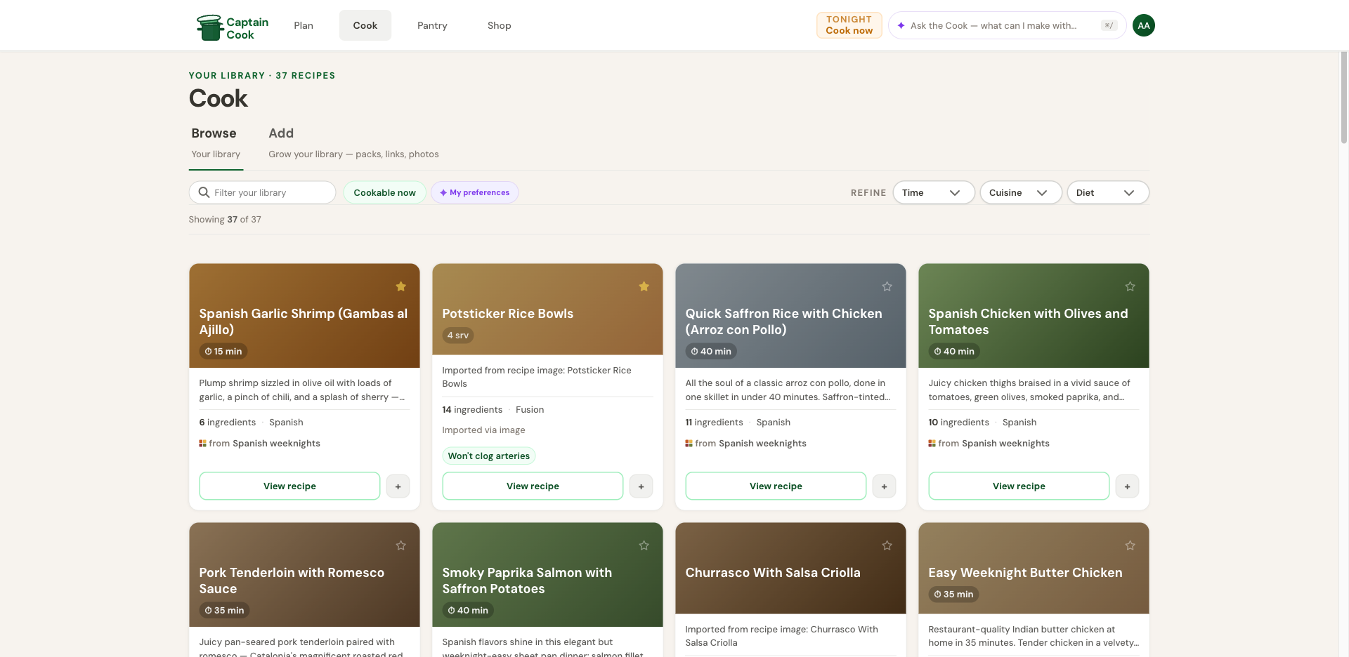 Cook tab — personal recipe library, 37 saved recipes