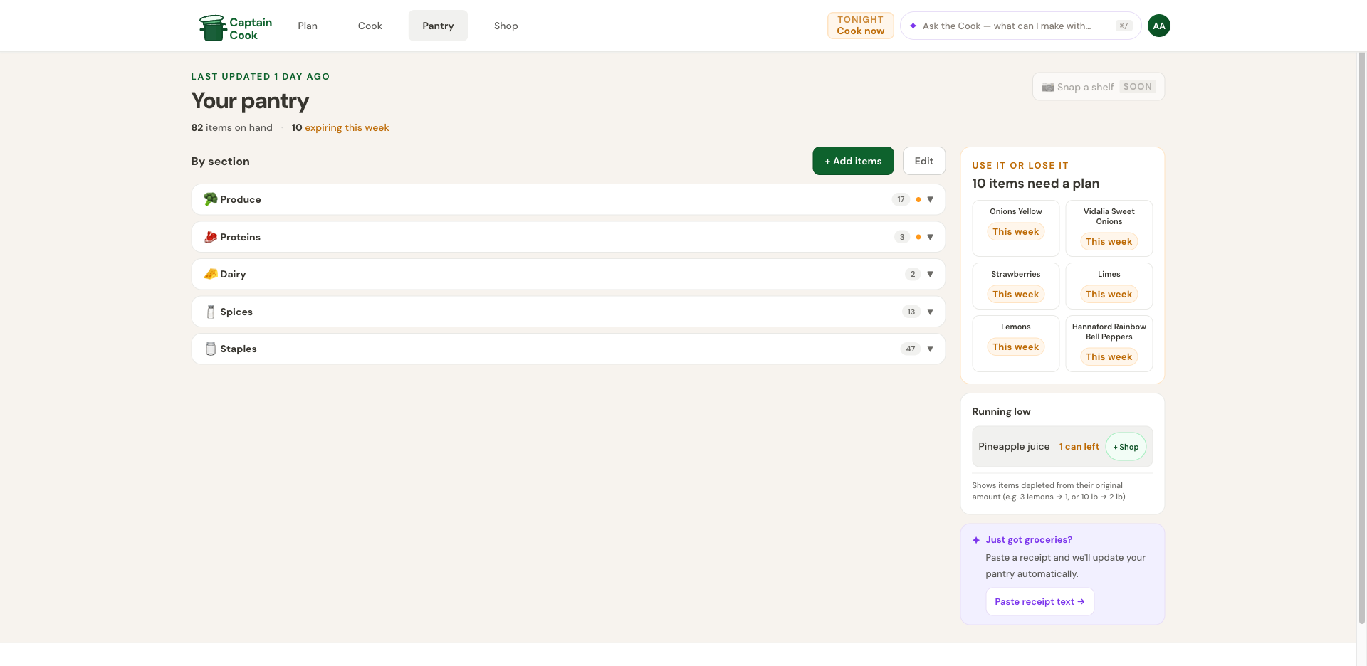 Pantry tab — 82 items on hand, use-it-or-lose-it tracking