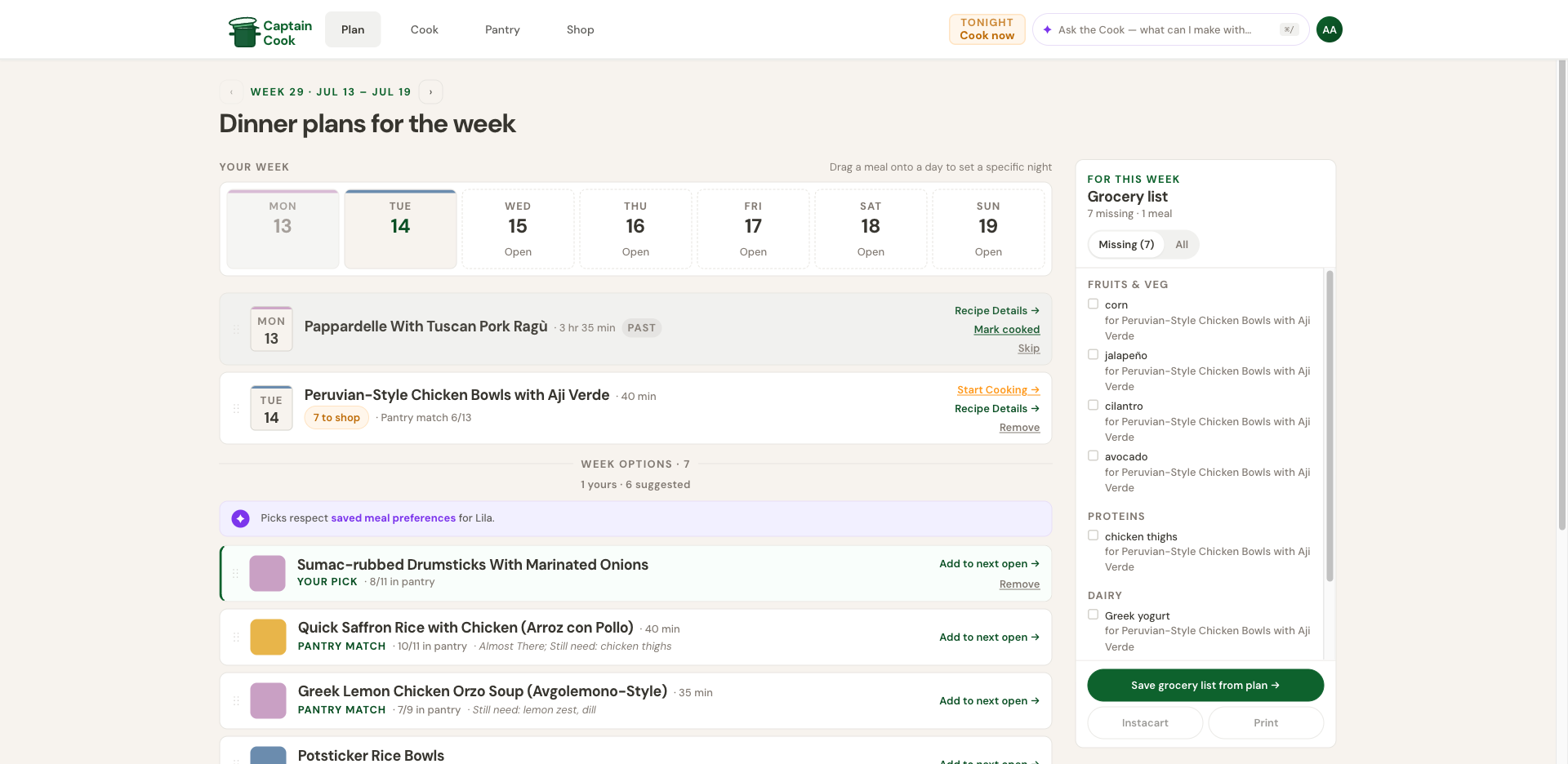 Plan tab — weekly planner with the ingredient-gap grocery rail